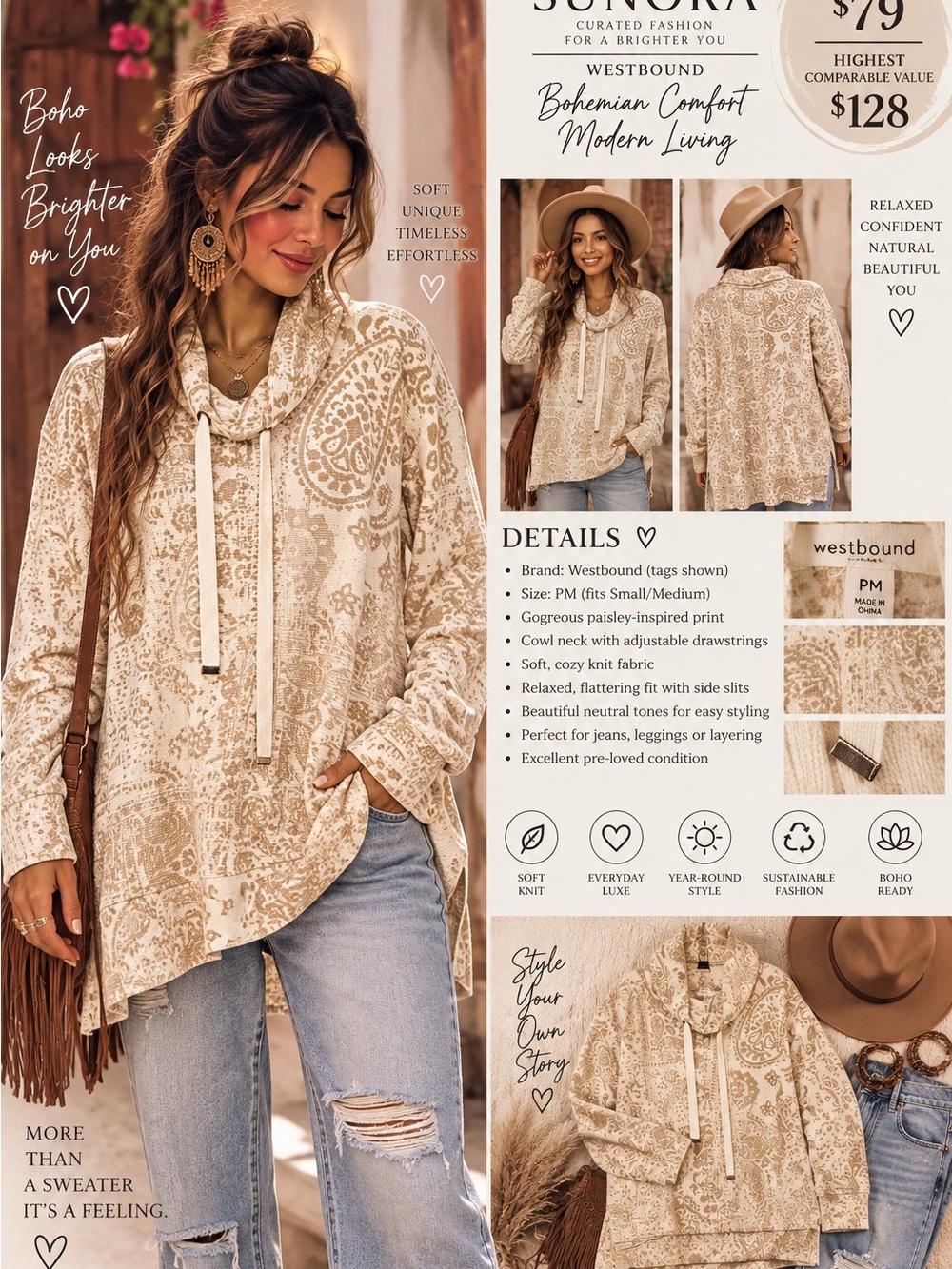 Westbound Cream Paisley Cowl-Neck Pullover